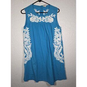 Sister Mary Dress Small Embroidered Colorful Blue White Tunic Bohemian Floral